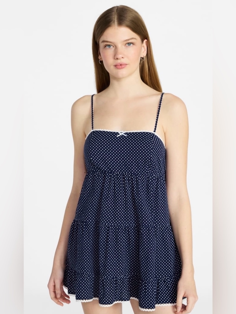 NWT No Boundaries Navy Polka Dot Babydoll Sleep Dress Medium 8–10 Lace Trim